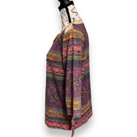 BonWorth XS Petite Boho Paisley Top Multicolor Suede Trim Blouse 3/4 Sleeve NWT - Picture 6 of 10